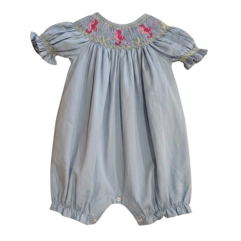 NWOT Blue Smocked Seahorse Bishop Bubble Romper Girl Boutique 12 Mo Cottagecore